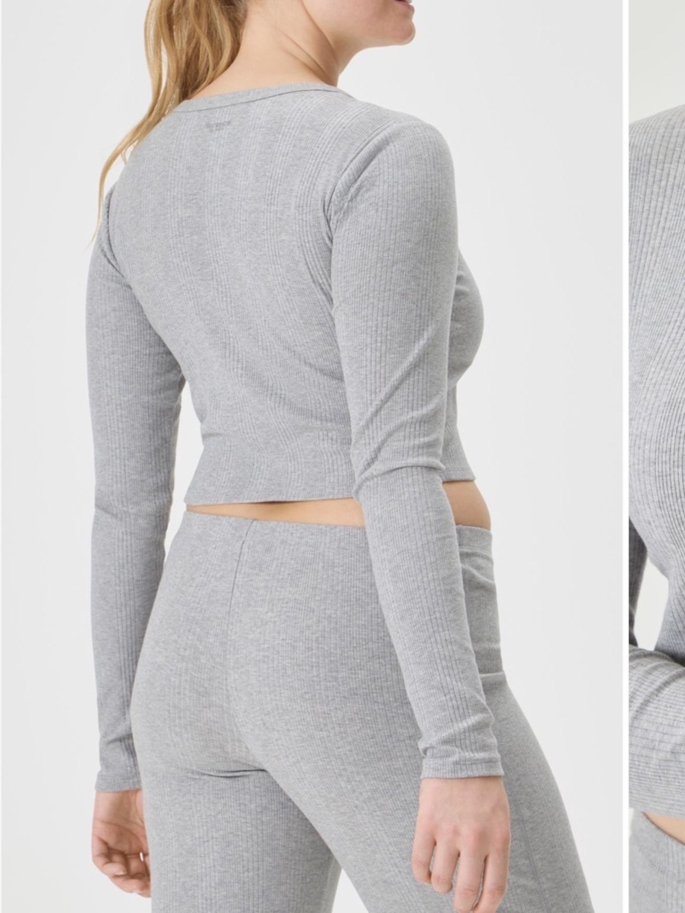 Ribbed Cropped Button-Up Top in Heather Gray - Picture 3 of 3